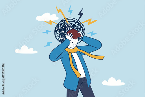 Overthinking, too much worried, stress or anxiety, self doubt, fear or indecision, obsession thoughts, mental exhaustion or negative emotional, overload concept, businessman overthinking mess head.