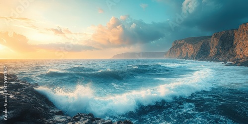 A majestic ocean surge crashes against the golden shore, its deep blue-green depths roiling into frothy white crests under an expansive sky
