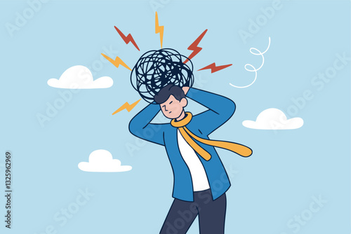 Overthinking, too much worried, stress or anxiety, self doubt, fear or indecision, obsession thoughts, mental exhaustion or negative emotional, overload concept, businessman overthinking mess head.