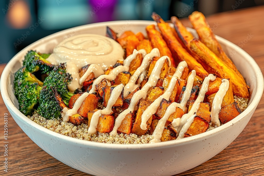 A wholesome veggie bowl featuring quinoa, roasted sweet potatoes, broccoli, butternut squash, topped with a creamy dressing, perfect for a healthy balanced meal