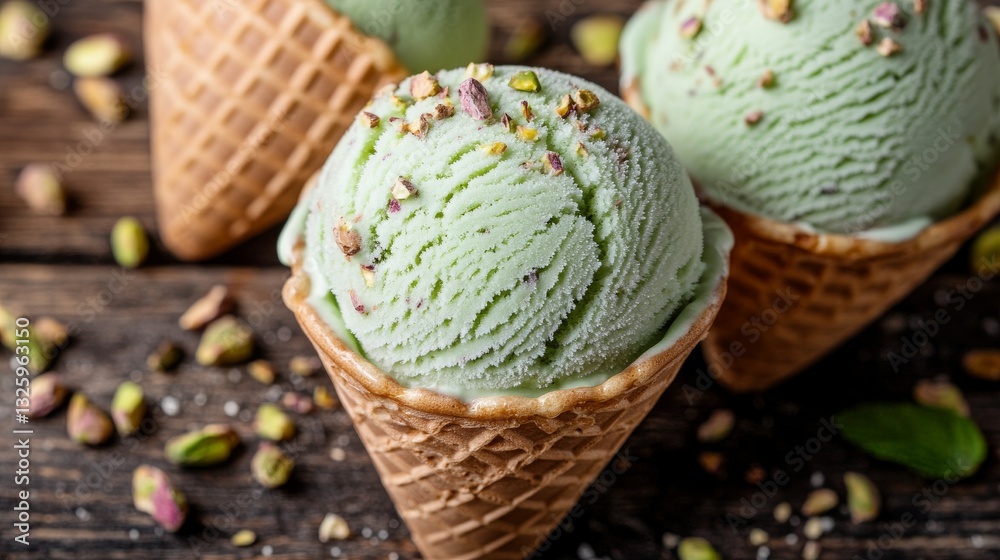 Fototapeta premium Pistachio ice cream cones adorned with mint leaves and nuts on a rustic wooden table, featuring space for text