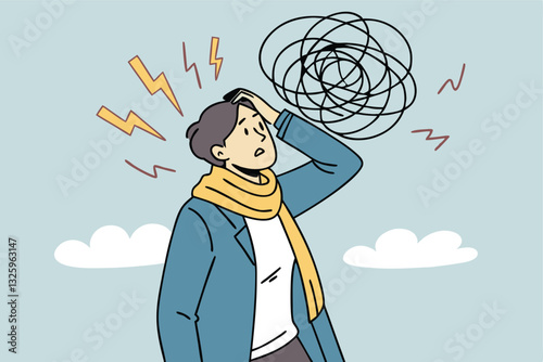 Overthinking, too much worried, stress or anxiety, self doubt, fear or indecision, obsession thoughts, mental exhaustion or negative emotional, overload concept, businessman overthinking mess head.