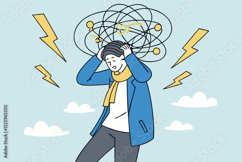 Overthinking, too much worried, stress or anxiety, self doubt, fear or indecision, obsession thoughts, mental exhaustion or negative emotional, overload concept, businessman overthinking mess head.