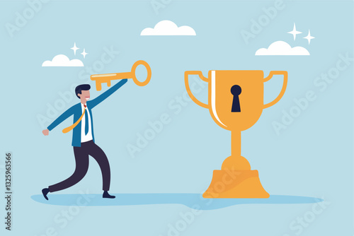 Unlock key to success, solution to achieve winning opportunity, chance or challenge, ambition or motivation to succeed in life, hard work, businessman with key to success to unlock winning trophy.
