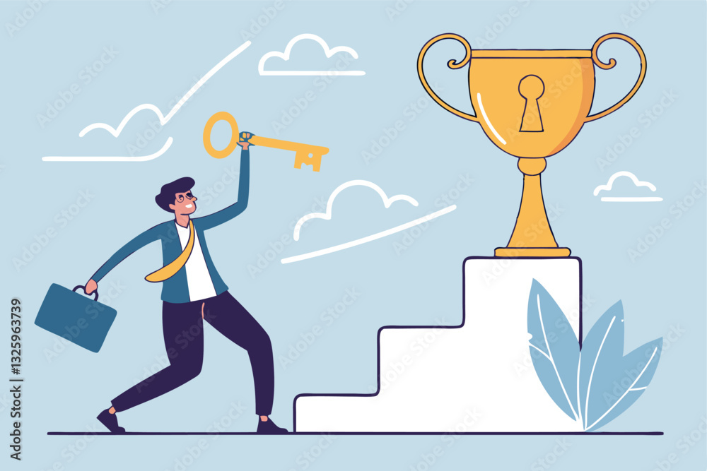 Unlock key to success, solution to achieve winning opportunity, chance or challenge, ambition or motivation to succeed in life, hard work, businessman with key to success to unlock winning trophy. Unlock key to success, solution to achieve winning opportunity, chance or challenge, ambition or motivation to succeed in life, hard work, businessman with key to success to unlock winning trophy.