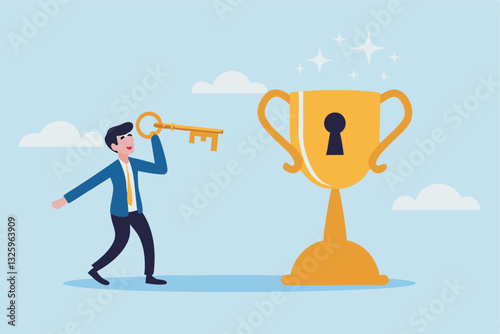 Unlock key to success, solution to achieve winning opportunity, chance or challenge, ambition or motivation to succeed in life, hard work, businessman with key to success to unlock winning trophy.
