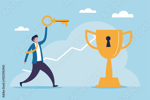 Unlock key to success, solution to achieve winning opportunity, chance or challenge, ambition or motivation to succeed in life, hard work, businessman with key to success to unlock winning trophy.