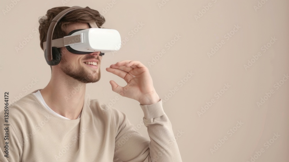 Young Man Enjoying Virtual Reality Experience with Headset and Headphones in Modern Setting Young Man Enjoying Virtual Reality Experience with Headset and Headphones in Modern Setting