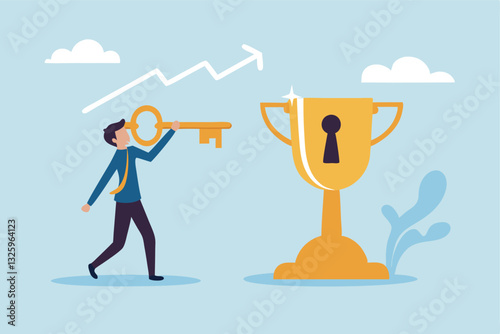 Unlock key to success, solution to achieve winning opportunity, chance or challenge, ambition or motivation to succeed in life, hard work, businessman with key to success to unlock winning trophy.