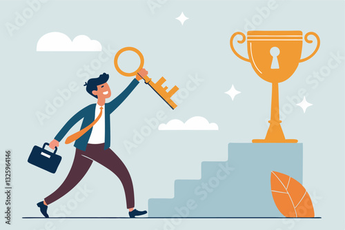 Unlock key to success, solution to achieve winning opportunity, chance or challenge, ambition or motivation to succeed in life, hard work, businessman with key to success to unlock winning trophy.