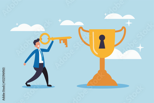 Unlock key to success, solution to achieve winning opportunity, chance or challenge, ambition or motivation to succeed in life, hard work, businessman with key to success to unlock winning trophy.