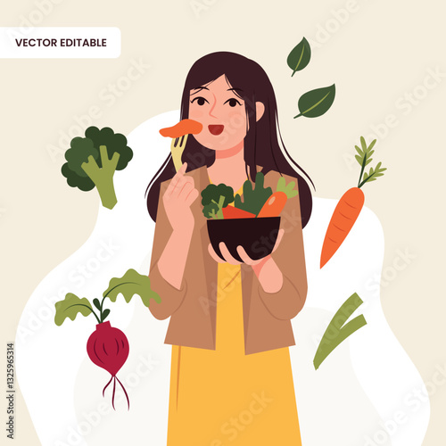 Girl eating a bowl of vegetables in vector editable flat illustration design