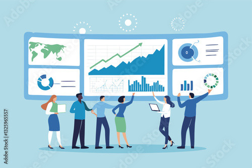 Data analysis, marketing research, statistics visualization graph and chart model, prediction benchmark or analytics diagram, insight and trend, business people look at data analysis graph and chart.