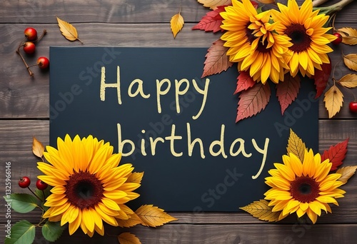 Happy birthday message on blackboard, autumnal sunflowers, rowan berries & leaves on wood Flat lay, wooden, september