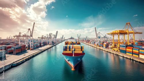 Dynamic container ship moored at a bustling port showcasing global trade against a vibrant industrial backdrop