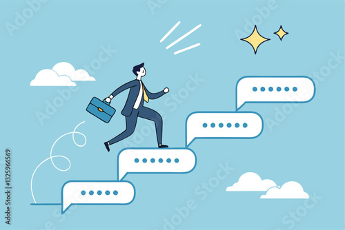 Advice, discussion talking, guidance, tips or suggestion for business success, help, wisdom, feedback to help develop improvement concept, businessman walk up speech bubble as stair to reach success.