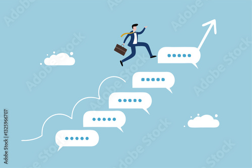 Advice, discussion talking, guidance, tips or suggestion for business success, help, wisdom, feedback to help develop improvement concept, businessman walk up speech bubble as stair to reach success.