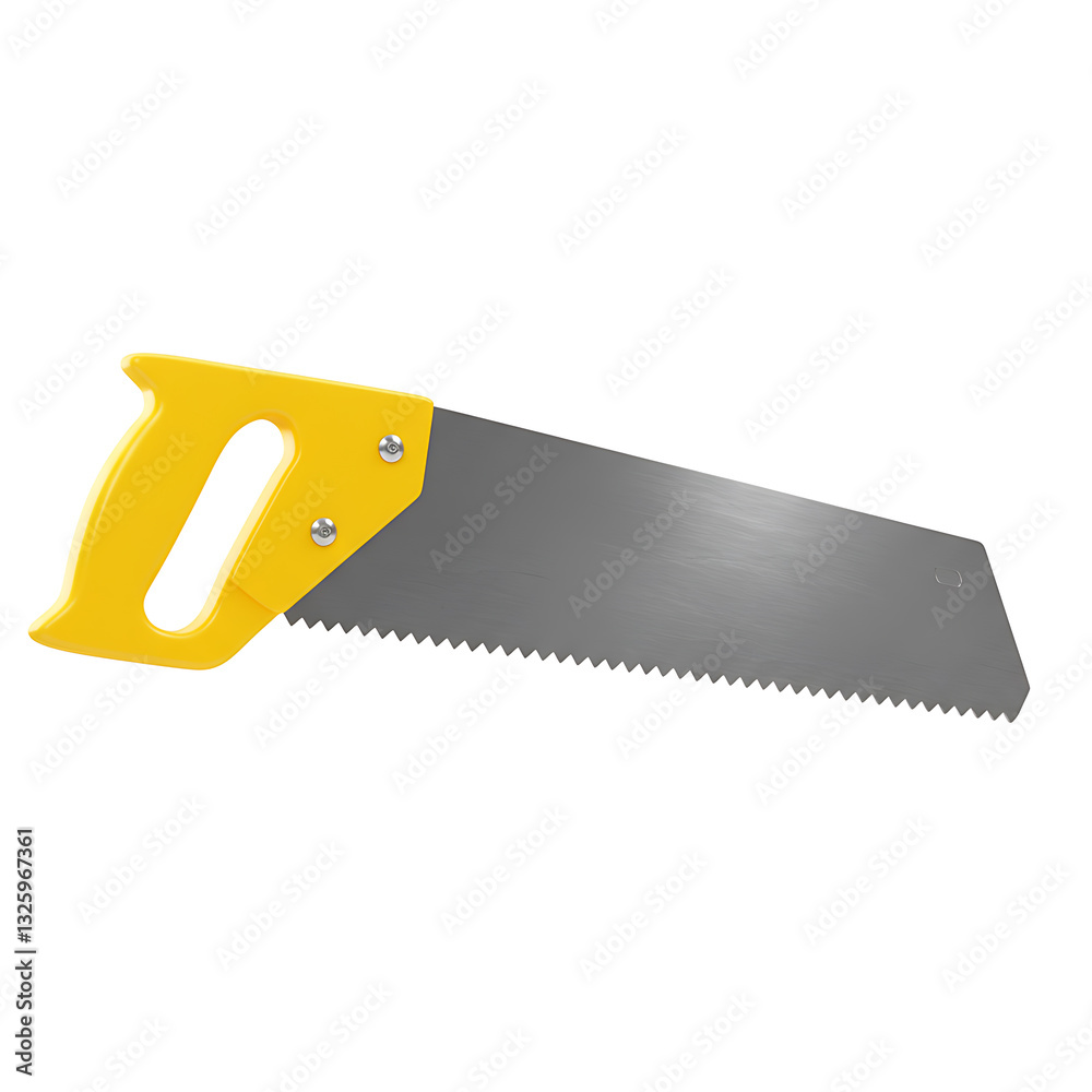 A Detailed 3D Render of a Hand Saw with a Yellow Handle, Ideal for Carpentry and DIY Projects