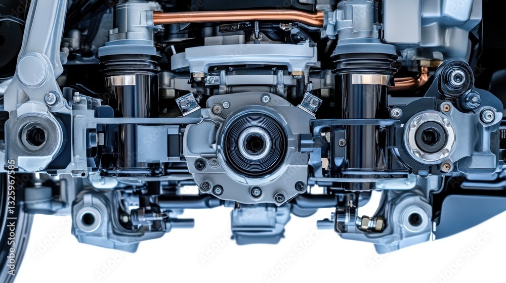 Close-up detailed view of a complex engine mechanism, showcasing intricate internal components and engineering. Close-up detailed view of a complex engine mechanism, showcasing intricate internal components and engineering.