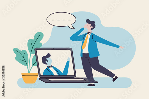 Online video interview, meeting discussion or teaching e-learning, job interview or employment, talk or chat with colleague, conference call, businessman talking on computer laptop online interview.