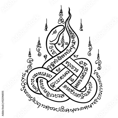 Thai tarditional tattoo. Yant Pla Lai Phueak or White Eel Yantra. Thai text translation: magical powers or bring good fortune.