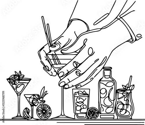 line art of bartender's hands preparing a cocktail	
