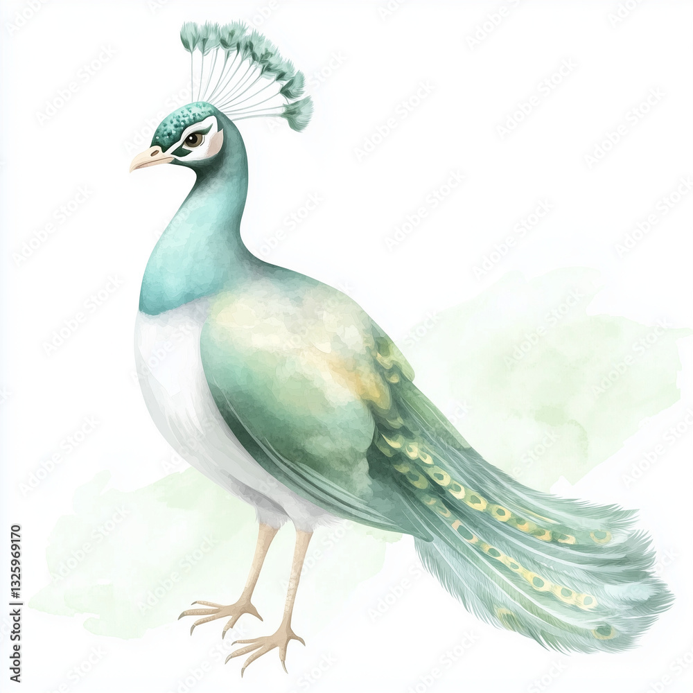 Fototapeta premium Illustration of the Peacock, soft watercolor tones, white background, detailed illustration, cartoonish.