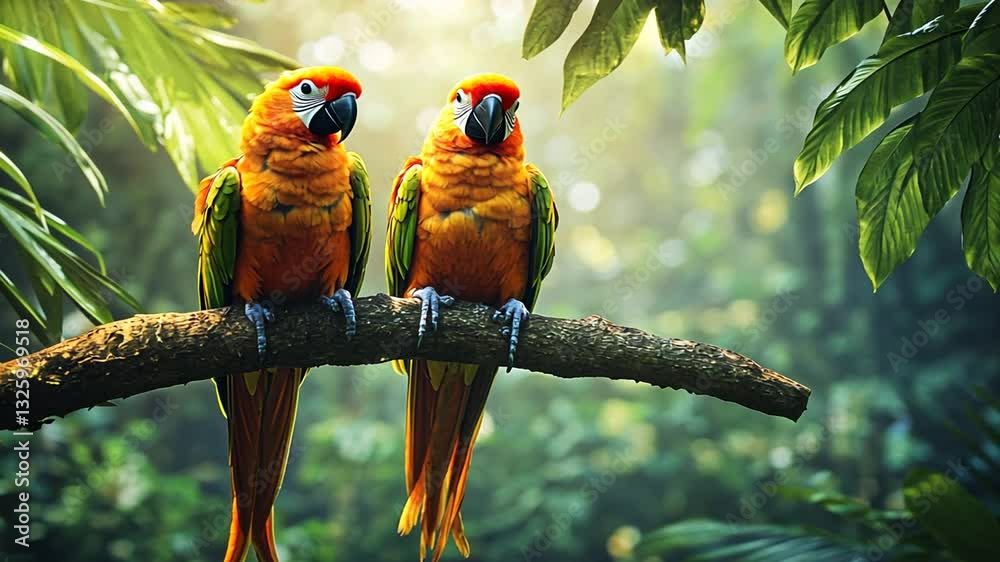Two Stunning Sun Conure Parrots Perched on a Branch in Lush Tropical Forest Setting