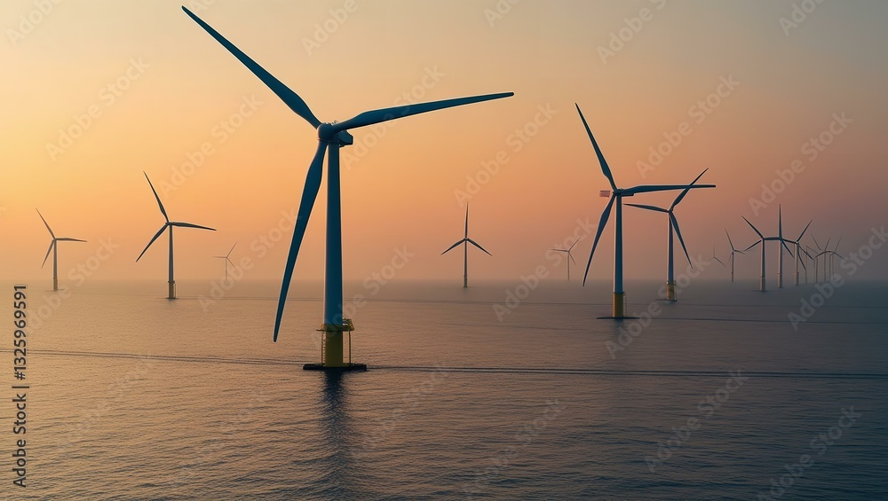 Fototapeta premium Offshore Wind Farm at Sunset – Renewable Energy & Sustainable Power Generation