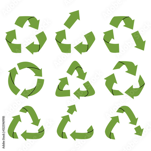 Set of vector recycling, upcycling and downcycling signs, isolated icons on white background. Green reuse symbols for ecological design, marking, product labeling. Zero waste lifestyle