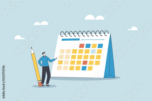Calendar schedule, event or meeting reminder, date time planning, work deadline or appointment, due date organizer weekly review concept, businessman hold pencil thinking with calendar schedule plan.