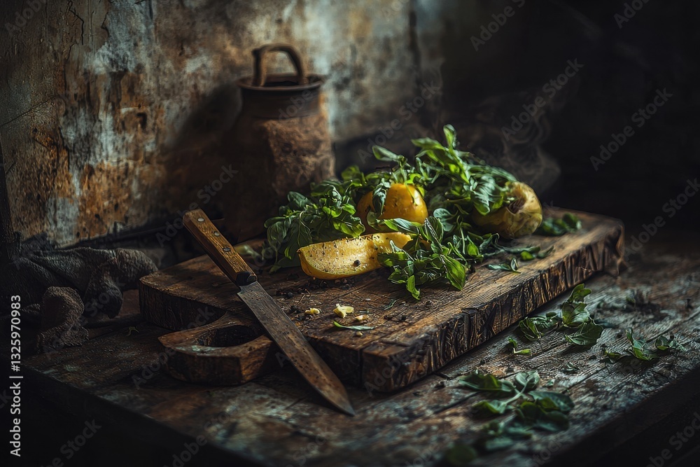Rustic still life featuring lemons and herbs on an old wooden cutting board, accented by a vintage knife and a rustic backdrop, creating a moody scene. Rustic still life featuring lemons and herbs on an old wooden cutting board, accented by a vintage knife and a rustic backdrop, creating a moody scene.