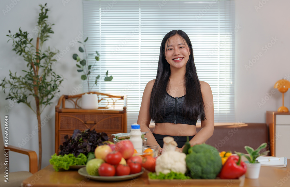 Young asian woman showing healthy food in the kitchen Young asian woman showing healthy food in the kitchen