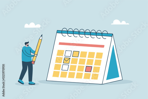 Calendar schedule, event or meeting reminder, date time planning, work deadline or appointment, due date organizer weekly review concept, businessman hold pencil thinking with calendar schedule plan.