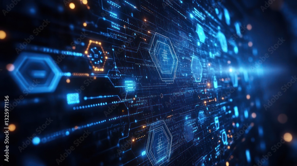 Abstract digital circuit board with glowing hexagons and data streams. Futuristic technology background, network, and information concept. Abstract digital circuit board with glowing hexagons and data streams. Futuristic technology background, network, and information concept.