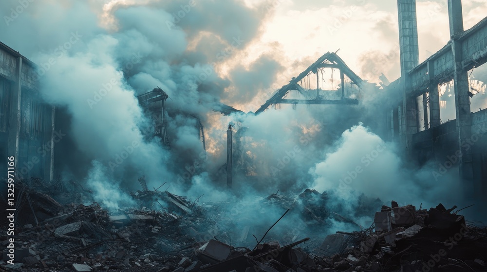 Fototapeta premium Thick smoke filling a shattered industrial building after demolition, with broken walls and scattered rubble, depicting the power of destruction