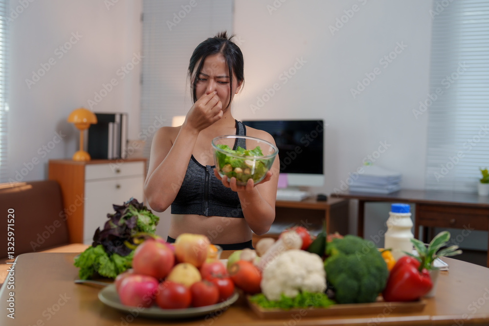 Young woman disgusted by smell of rotten salad while preparing healthy meal at home Young woman disgusted by smell of rotten salad while preparing healthy meal at home