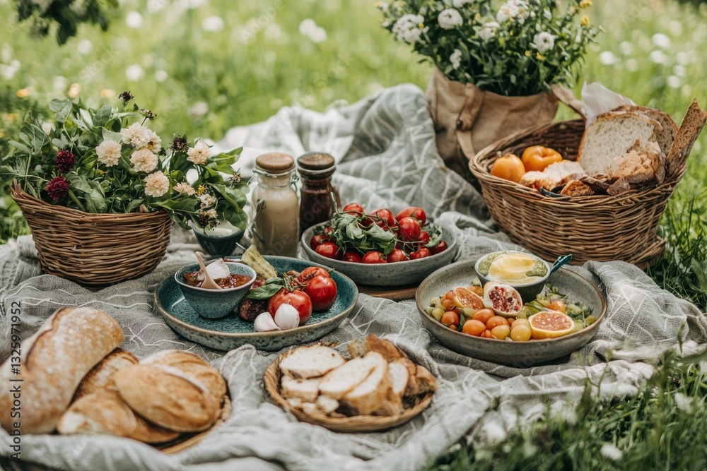 A delightful summer picnic scene with fresh bread, fruit, tomatoes, and flowers displayed on a patterned blanket in a lush green meadow on a bright sunny day. A delightful summer picnic scene with fresh bread, fruit, tomatoes, and flowers displayed on a patterned blanket in a lush green meadow on a bright sunny day.