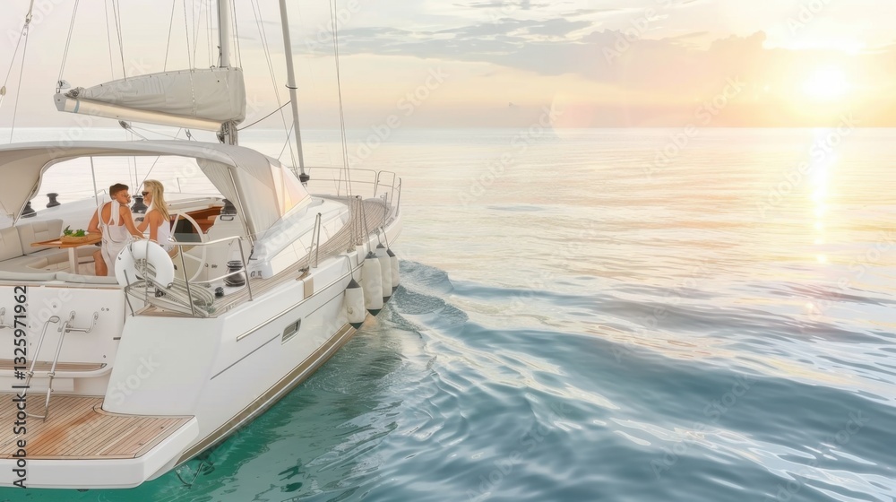 Fototapeta premium Romantic Couple Enjoying Sunset on Luxury Yacht at Peaceful Sea with Calm Waters in Background