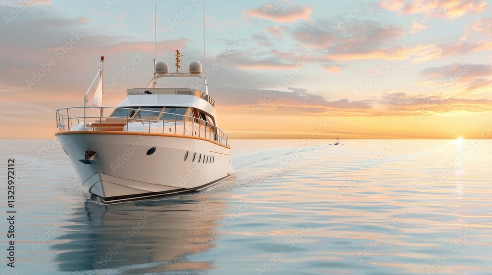 Luxury yacht sailing on calm waters during a picturesque sunset on serene ocean landscape Luxury yacht sailing on calm waters during a picturesque sunset on serene ocean landscape