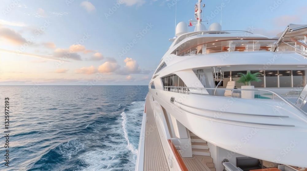 Fototapeta premium Elegant Luxury Yacht Sailing on Calm Waters with Scenic Horizon and Soft Sunset Light