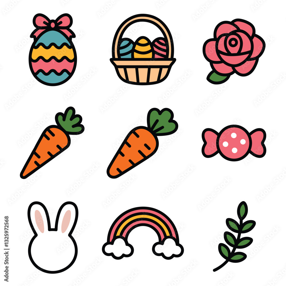 Fototapeta premium Easter Celebration Colorful Eggs, Carrots, and Bunny Icons