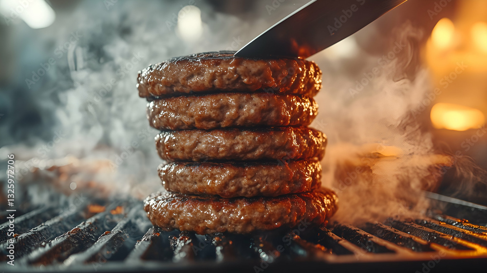 A stack of four juicy burger patties sizzling on a hot grill, with steam and smoke rising in the background. A sharp knife is cutting into the top patty, highlighting the rich texture and grilled perf