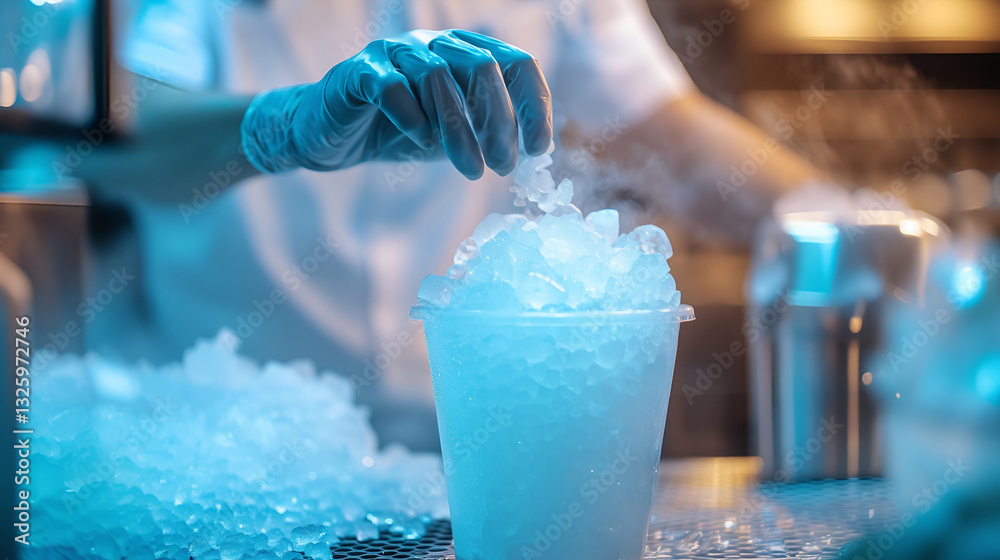 A gloved hand handling freshly crushed ice in a plastic cup, with cool mist rising from the surface. The scene is illuminated by a blue-toned light, creating a refreshing and chilled atmosphere.
