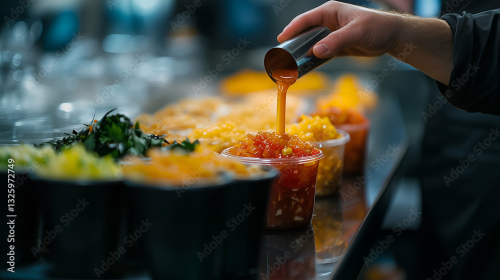 A hand pouring a flavorful sauce over a fresh salad bowl in a professional kitchen. The vibrant ingredients, including vegetables and toppings, are arranged in plastic containers, ready for serving.