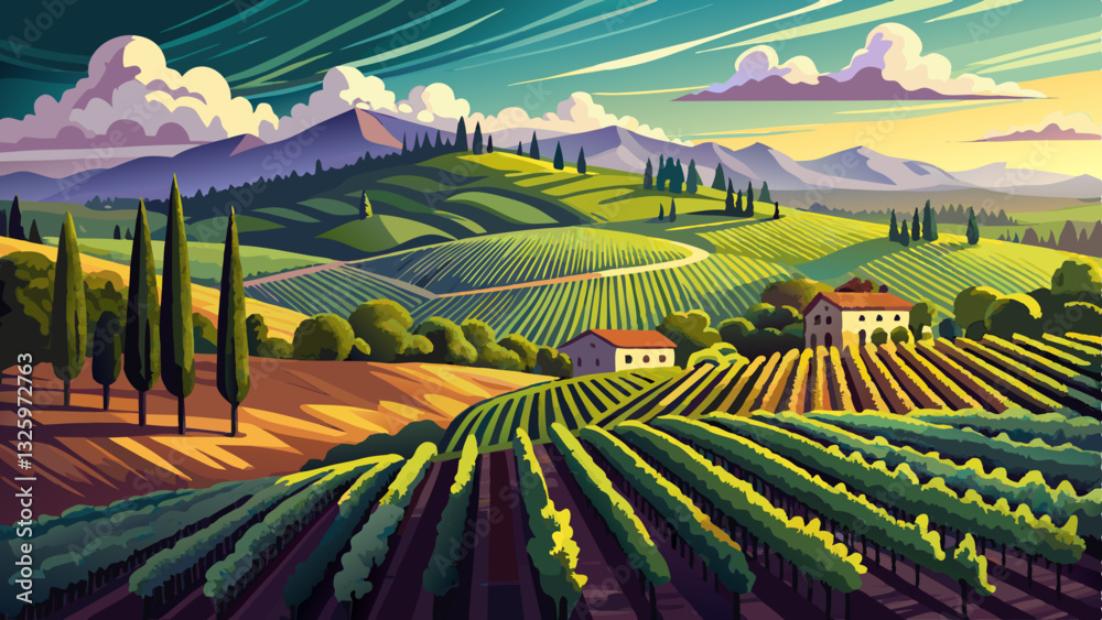 Fototapeta premium Expansive view of a vineyard with neatly arranged rows of grapevines over rolling hills under a cloudy sky.