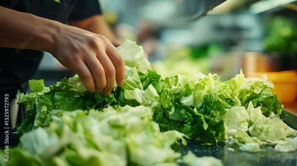A chef’s hands sorting and preparing fresh green lettuce in a professional kitchen. The vibrant leaves are crisp and clean, ready for salads or garnishing dishes.