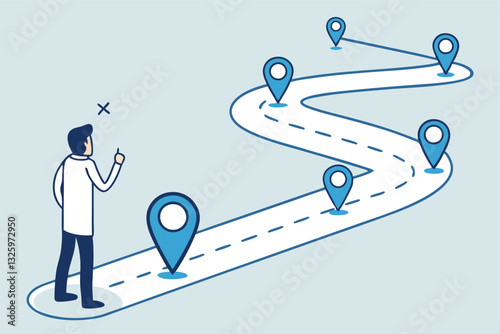 Success roadmap journey, milestone or career path achievement, route or pathway to achieve goals, accomplishment, assessment or way to success, businessman look at achievement milestone to success.