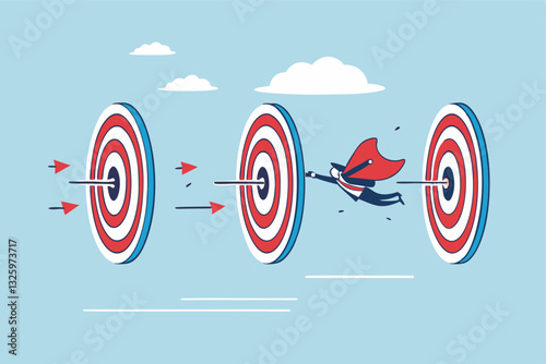 Power to reach targets, goals or achievements, aiming, challenge or aspiration to success, motivation or strength, leadership skill concept, businessman superhero flying breakthrough target bullseyes.