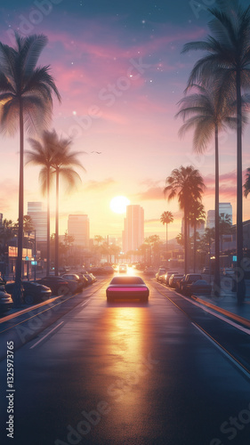 A cinematic city street bathed in pink and purple hues, with glowing lights and a futuristic car driving into the horizon.
